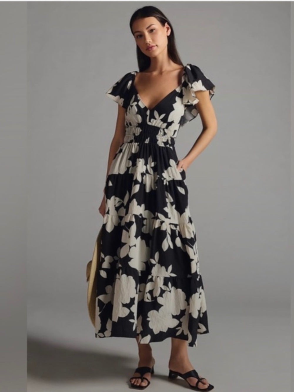 Anthropologie Silverlake Flutter-Sleeve Maxi Dress, Black & White Floral